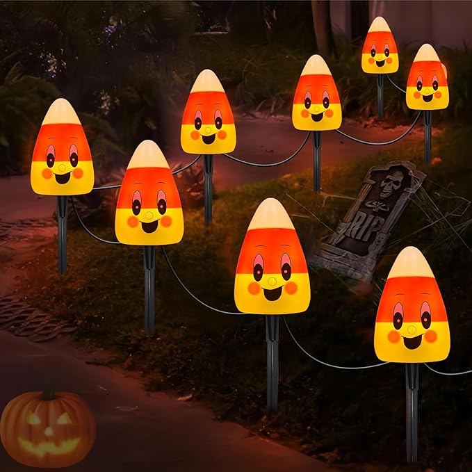 Halloween Candy Corn Lights Outdoor,4PCS Halloween 3D Candy Corn Pathway Lights with Stake,Waterproof Cute Candy Corn Decorations Light for Lawn Driveway Garden Yard Party Decor