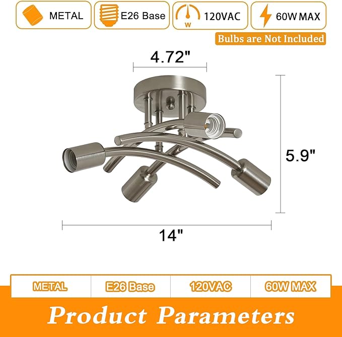 BUXVRCS Semi Flush Mount Ceiling Light Fixture, Modern Sputnik Chandelier Light Fixtures, Industrial Kitchen Light Fixtures Ceiling Mount, 4-Light Dining Room Light Fixture Bedroom (Brushed Nickel)
