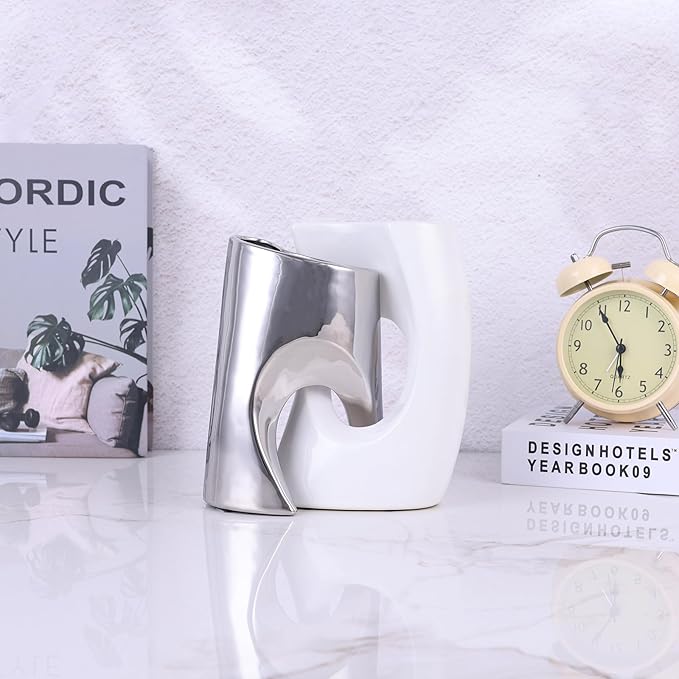 White and Silver Vase Set of 2, Nordic Modern Ins Style Vases, Boho Ceramic Vases for Centerpieces, Mid Century Abstract Donut Vase, Unique Funky Vase for Wedding, Decorative Pampas Grass Vase Decor