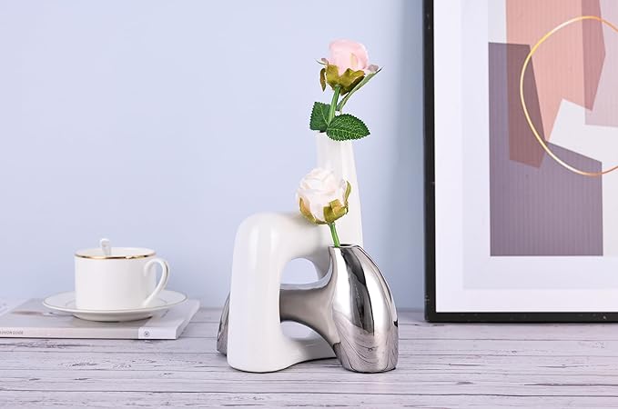 Intertwining Vase Set Snuggle Hollow Ceramic Vase Set of 2 White and Silver Vase Modern Boho Home Decor for Neutral Minimalist Vase for Dining Room Table Centerpiece Dining Room,Wedding Table Deco