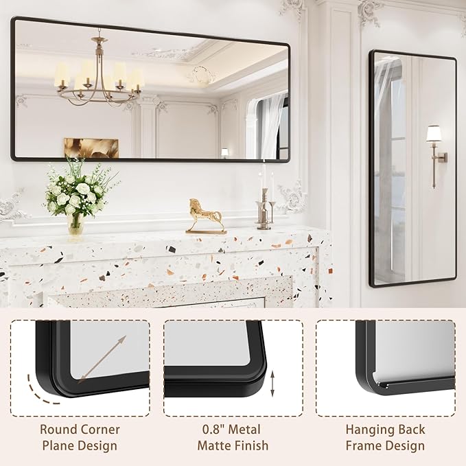 New Upgrade 60X28 Inch Wall Mounted Bathroom Mirror, Black Metal Frame Rounded Rectangle Mirror, Bathroom Vanity Mirror with Tempered Glass for Washroom Bedroom Living Room