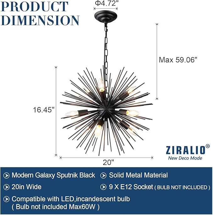 20" Black Sputnik Chandelier Vintage 9-Light Geometric Starburst Chandelier Light Fixture Farmhouse Solid Metal Black Sputnik Chandeliers for Dining Room, Kitchen, Bedroom, Living Room