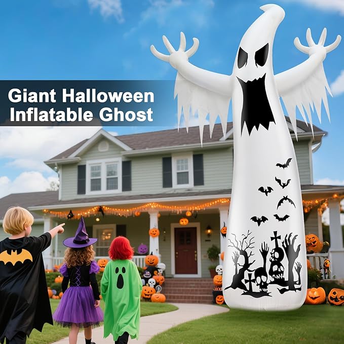 14 Ft Giant Halloween Inflatable Ghost Decorations Outdoor with 3 Colored Rotating Flame LED Changing Red Blue Green Lights, Scary Ghosts Blow Up Halloween Decor for Garden Yard Lawn Holiday Party