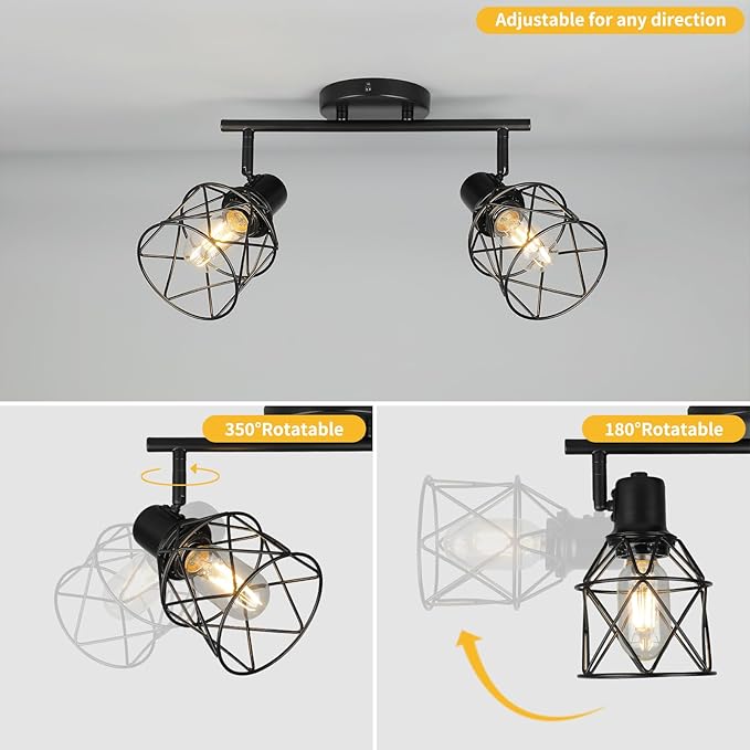 WILON Industrial Track Lighting Fixtures Ceiling, 2 Light Kitchen Ceiling Light Rotatable Spotlight Fixtrues E26 Base Wall Light Fixture, Black Flush Mount Light for Kitchen Hallway Entryway