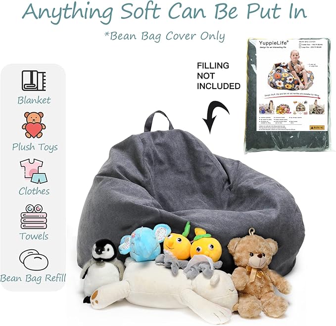 YuppieLife Stuffed Animals Bean Bag Chair Cover Candy-Colored Bean Bag(Just Cover, No Filling)/Large Stuff 'n Sit Organization/Toy Storage Bag/Kids Toys Organizer(27'',Dark Grey)