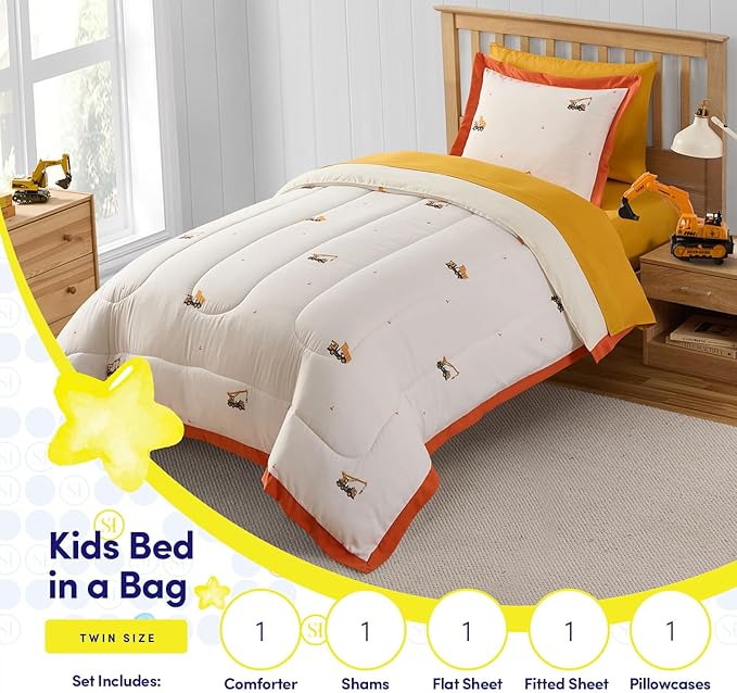 Construction Bedding Set Twin Size – Bed in a Bag with Sheets, Pillowcases & Shams – Soft Construction Bedding Comforter Set with Dump Trucks, Cranes & Bulldozers – Fun Kids Construction Bedroom Decor