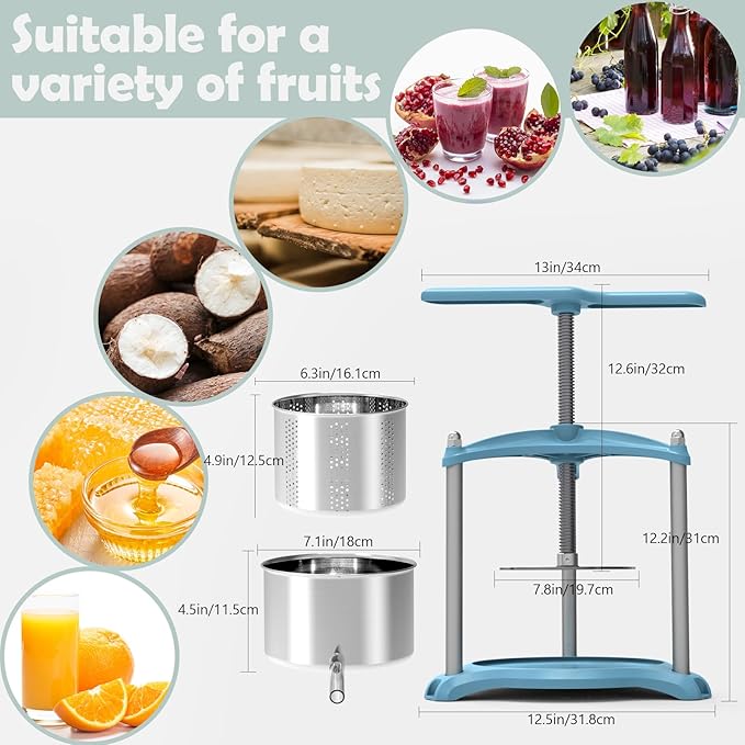 SQUEEZE master Cheese Tincture Herb Fruit Wine Manual Press-0.8Gallon/ 3 Litre with Triangular Structure & T-Handle-Stainless Steel for Juice, Cider,Wine,Olive Oil-Blue