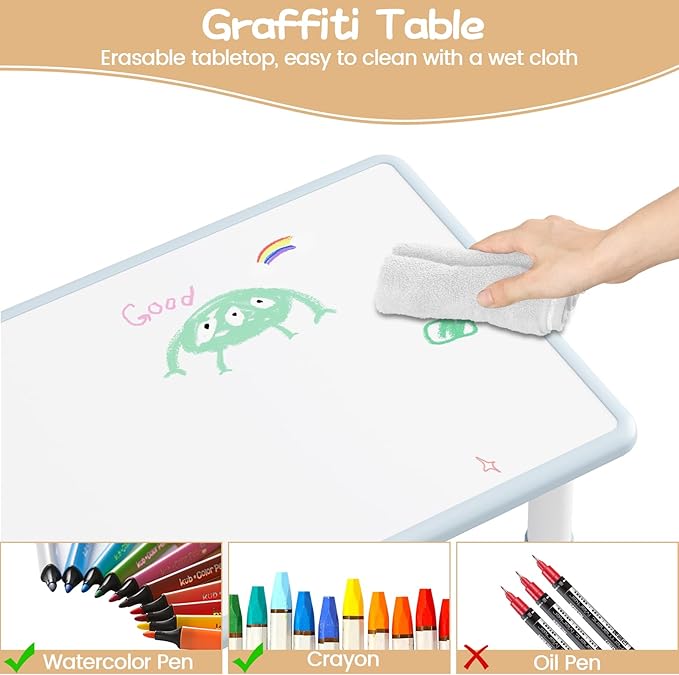 Kids Table and Chair Set, Height Adjustable Toddler Table and 4 Chairs Set for Ages 2-10, Graffiti Desktop, Non-Slip Legs, Arts & Crafts Table, Children Activity Table for Daycare Classroom Home