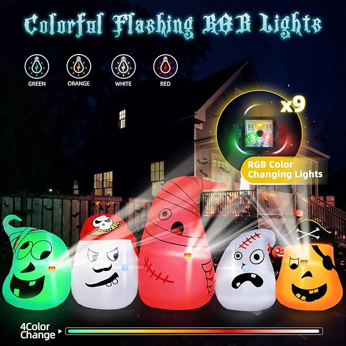 B&D 8FT Long Halloween Inflatables Ghost Outdoor Decorations, 5 Pirate Ghosts Inflatable Halloween Decorations with Color Changing RGB Lights Halloween Blow Ups for Party, Garden, Yard, Lawn Decor