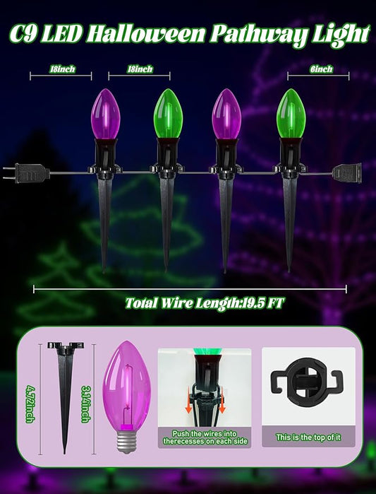 Halloween Stake Lights, 10PK C9 LED Pathway Lights with Purple & Green Bulbs, 19.5ft Outdoor Walkway Lights, Waterproof, Extendable Yard, Driveway, Porch & Garden Halloween Decorations