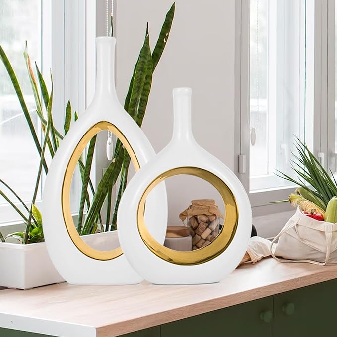 White Gold Ceramic Vase Set 2,Modern Hollow Circle with Hole Flower Vase for Home Decor,for Table Centerpieces,Farmhouse,Fire Place,Living Room,Bedroom,Office,Bookshelf,Rustic Decor