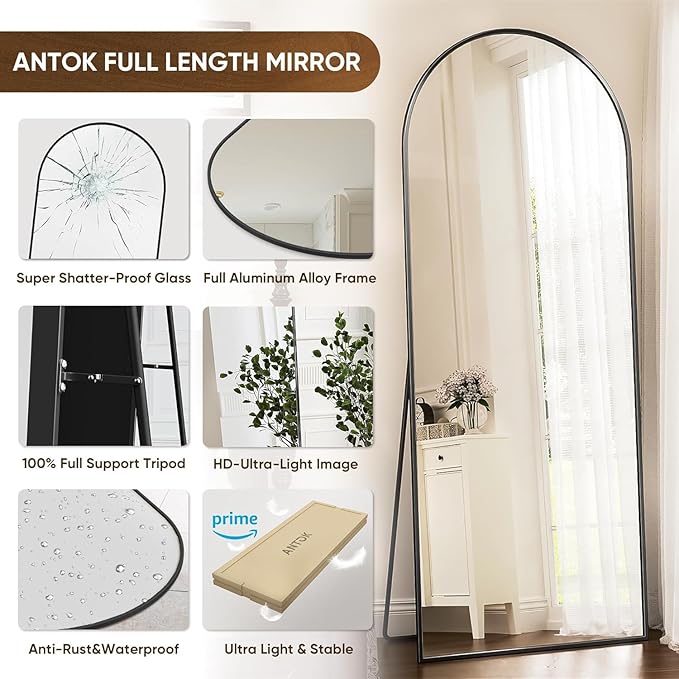 Full Length Mirror, 59"x19" Floor Mirror, Arch Floor Standing Mirror Freestanding Arch Full Body Mirrors with Stand for Bedroom, Hanging Mounted Mirrors for Living Room Cloakroom, Black