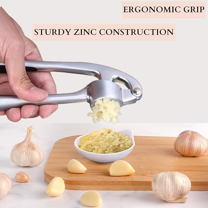Premium Garlic Press - Easy to Squeeze and Clean, Rust Proof & Dishwasher Safe Garlic Mincer - Garlic Press Stainless Steel, Garlic Crusher, Garlic Masher - Silicone Garlic Peeler & Brush - Sliver