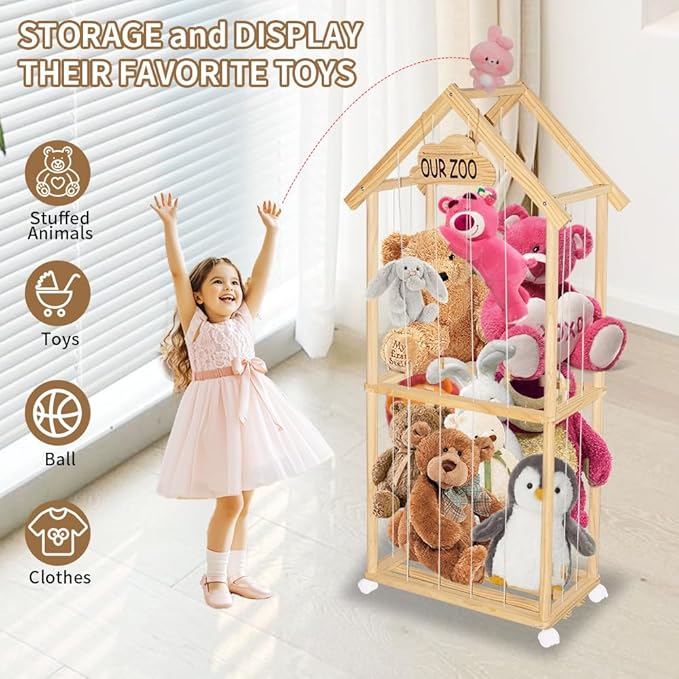 Stuffed Animal Storage Kids Plush Toy Holder Corner Large Stuff Animal Organizer Plushies Storage Creative Zoo Display Wooden Stuffy Storage Cage for Nursery Play Room Bedroom (59 inches in Length)