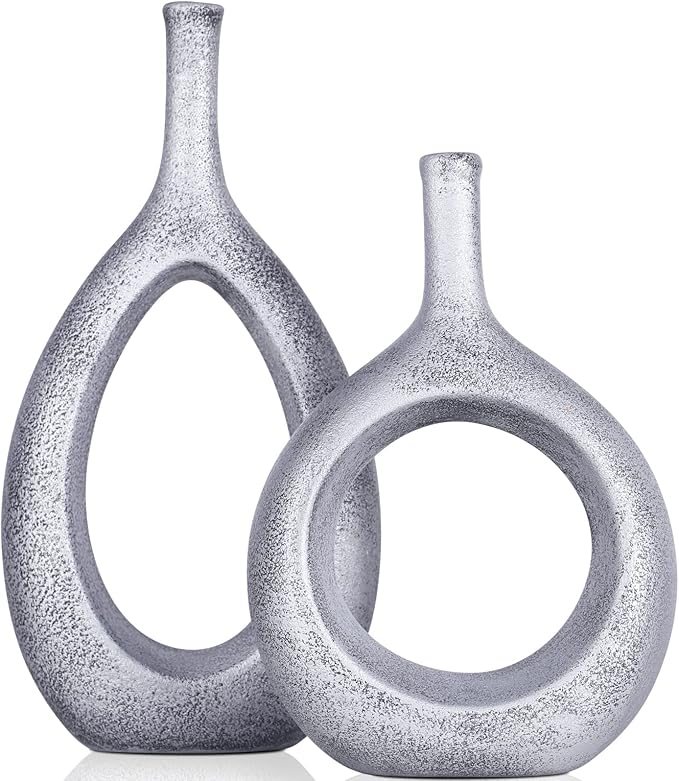 Vintage Silver Ceramic Vase Set 2,Modern Hollow Circle with Hole Flower Vase for Home Decor,for Table Centerpieces,Farmhouse,Fire Place,Living Room,Bedroom,Office,Bookshelf,Rustic Decor