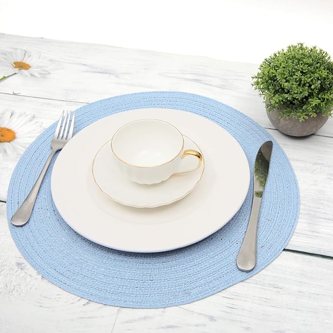 SHACOS Round Braided Placemats Set of 6 Round Table Mats for Dining Tables 15 inch (Light Blue, 6)