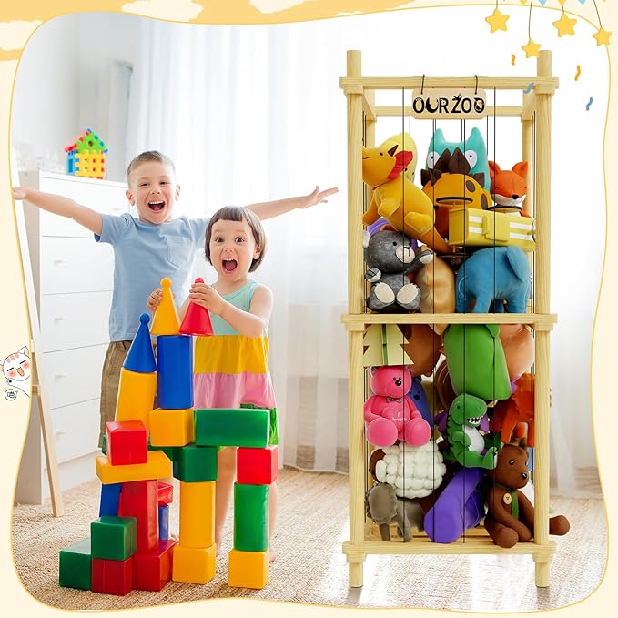 Stuffed Animal Zoo Storage Cage Wooden, 41''(3.4ft) Wood Large Stuffed Animal Storage Basket, Toy Storage for Big Stuffed Animals, Large Toy Chest for Kids Girls Boys Toy Organizer Holder