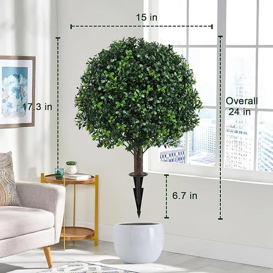 Artificial Boxwood Topiary Ball Bush for Outdoor with Spike, Set of 2 UV Resistant Faux Boxwood Ball Tree with Stake, Weatherproof Fake Round Topiary Shrub Plant for Front Porch Planter