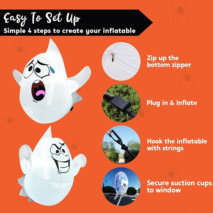 Joiedomi 2 Pcs Halloween Inflatables Outdoor Decorations, Halloween Blow Ups Ghost with Built-in LEDs, Cute Window Inflatable Ghost for Window Decorations