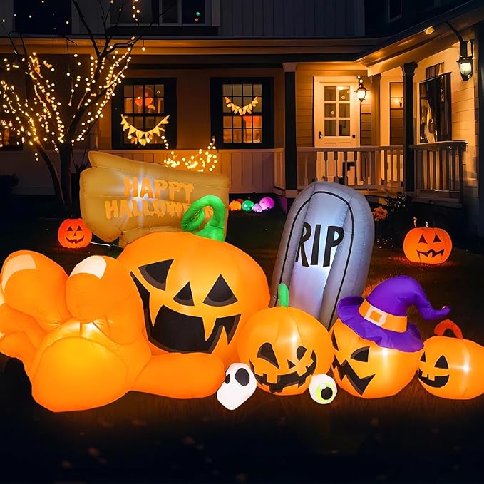 Garma Halloween Inflatables Outdoor Decorations, Long Inflatable Blow Ups Yard Decoration Pumpkin with Build-in LEDs, Gravestone and Witch Hat for Halloween Party Indoor, Lawn, Garden Decor