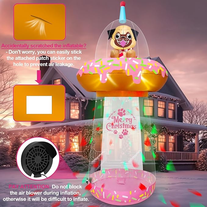 9.5FT Christmas Inflatable with Colorful Light, Kalolary UFO Doughnut Christmas Inflatable with Music, Puppy Xmas Blow Up Yard Decoration Christmas Outdoor Inflatable for Lawn Garden Holiday Party