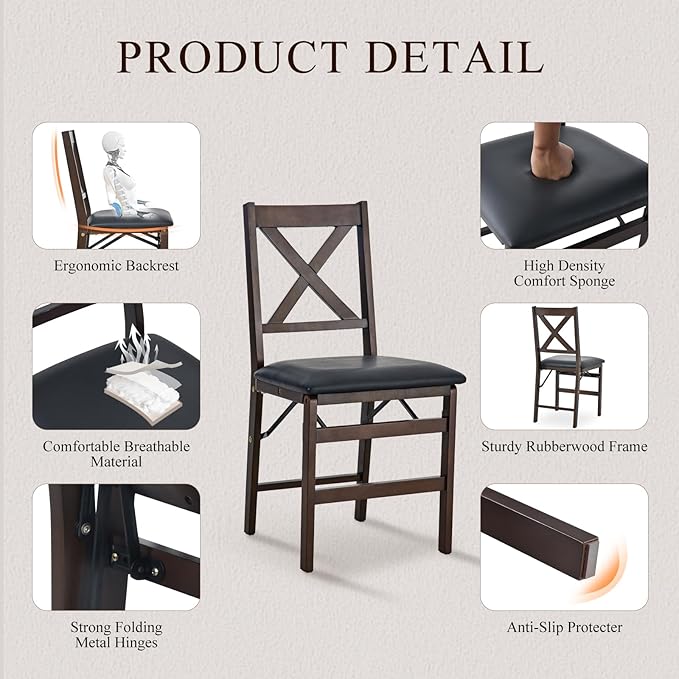 COLAMY Folding Dining Chairs Set of 4, Foldable Chairs with Padded Seats, Wood Folding Dining Room Chairs for Kitchen, Party, Camping, Dark Brown