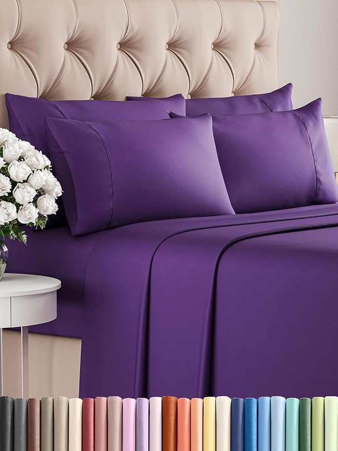 CGK Linens Queen 6 Piece Sheet Set - Cooling Sheets for Hot Sleepers - Hotel Luxury Bedding Set w/ 8-16 Inch Deep Pockets - 1 Flat & 1 Fitted & 4 Pillowcases - Soft, Easy Care & Wrinkle Free - Purple