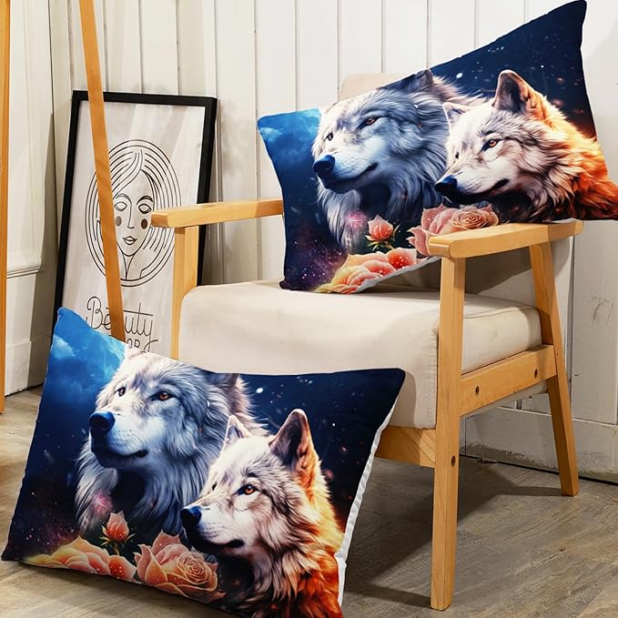 AILONEN Wolf Fitted Sheet Set Twin Size, Red Floral Flower and Wolves Animals Bed Sheet Set,3 Pieces Safari Wolf Bed Sheet Set for Boys Girls,1 Fitted Sheet with 2 Pillowcases