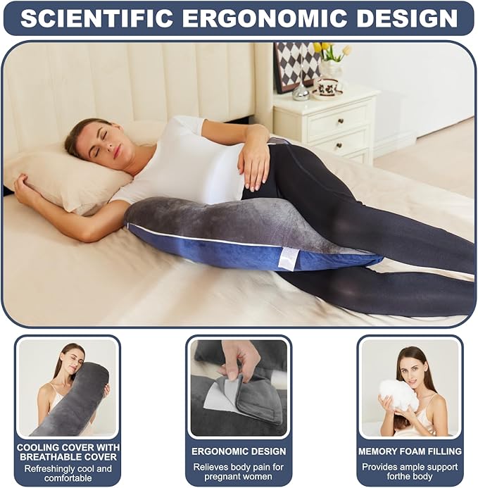 Pregnancy Pillow for Sleeping, Maternity Pillow, Velvet Cover Maternity Pillow Support for Back, Legs, Belly, HIPS Grey-Blue Large