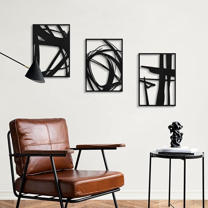 Pinetree Art Abstract Metal Wall Art Decor, 3 Pack Modern Wall Art, Minimalist Line Art Décor, 3D Textured Sculptures for Living Room Bedroom Bathroom (Black 11" x 16")