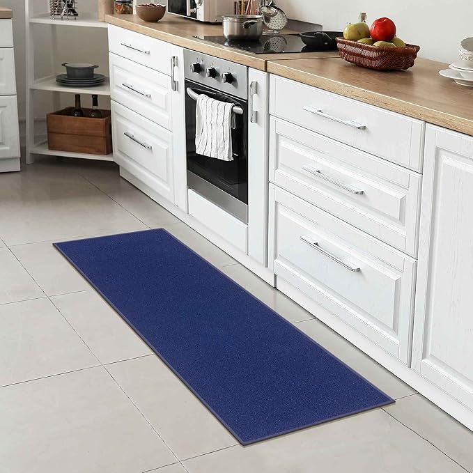 Machine Washable Modern Solid Design Non-Slip Rubberback 2x5/2x3 2PCS Set Traditional Runner Rug/Area Rug for Hallway, Kitchen, Entryway, Bathroom, 2 Piece Set - 20" x 59" / 2'3" x 3', Navy