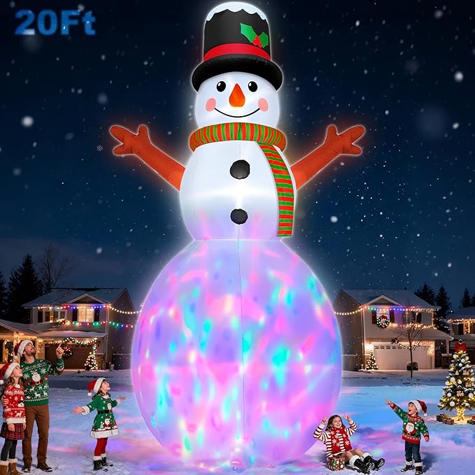 20FT Giant Christmas Inflatable Snowman with Colorful 3D Rotating Lights, Outdoor Blow Up Christmas Decorations, Huge Snowman Inflatables for Yard Lawn Holiday Xmas Party Decor