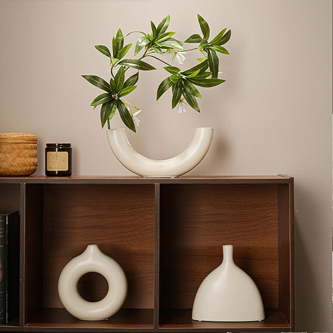 White Ceramic Vases in Nordic Style, Deco Vase for Pampas Grass as Boho Deco, Contemporary Flower Vase with Minimalistic Design for Fresh Flowers(Semicircular)