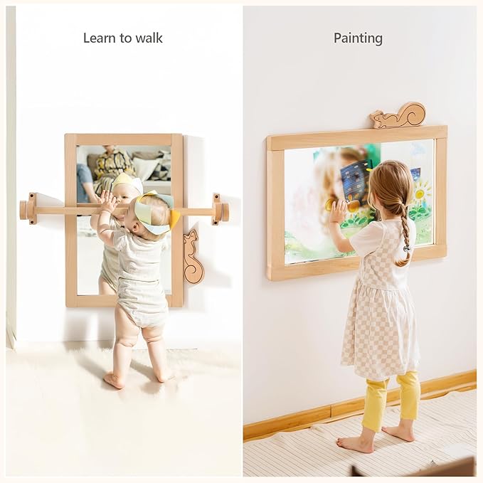 HI BABY MONMENT Montessori Mirror with Bar, Detachable Wooden Frame, Non-Shatter Safety, Wall Mount, Baby Mirror