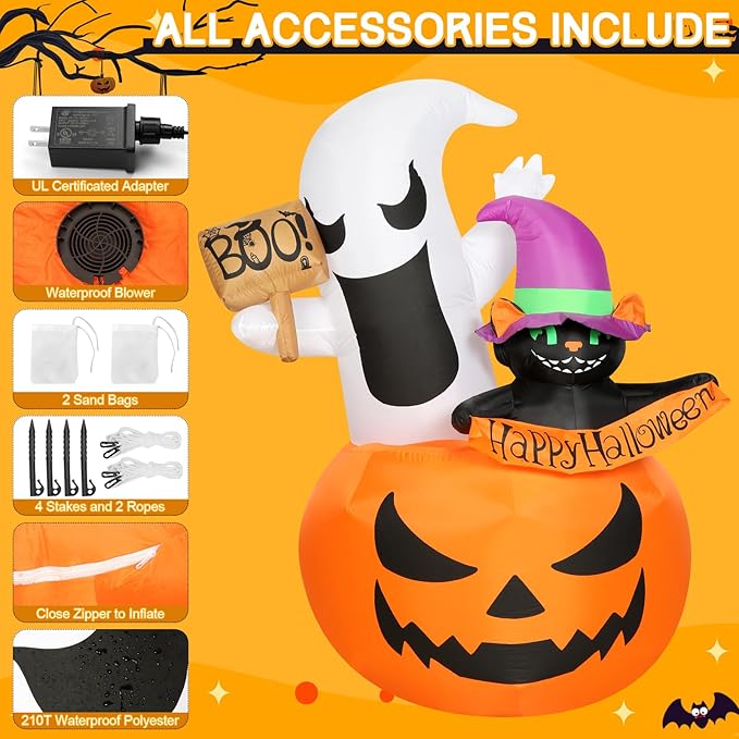 Inflatable Halloween Decorations, 6FT Outdoor Ghost Cat Pumpkin Halloween Inflatables, Outside Blow Up Yard Decoration with LED Lights, Halloween Decor for Home,Holiday,Party,Garden