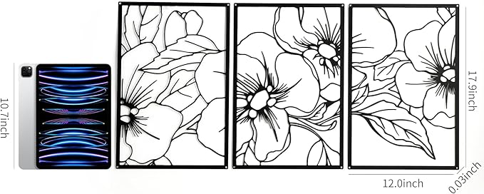 FUNTEREST 3 Pieces Black Metal Wall Art Decor Modern Minimalist Floral Single Line Living Room Wall Decor Abstract Wall Hanging Decor for Kitchen Office Bedroom Bathroom (Floral A)