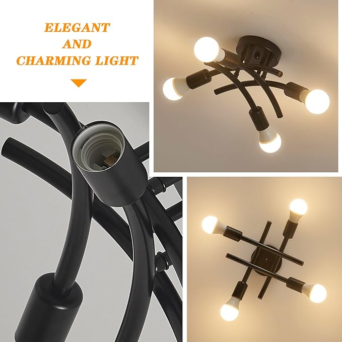 BUXVRCS Semi Flush Mount Ceiling Light Fixture, Modern Sputnik Chandelier Light Fixtures, Industrial Kitchen Light Fixtures Ceiling Mount, 4-Light Dining Room Light Fixture for Bedroom Hallway (Black)