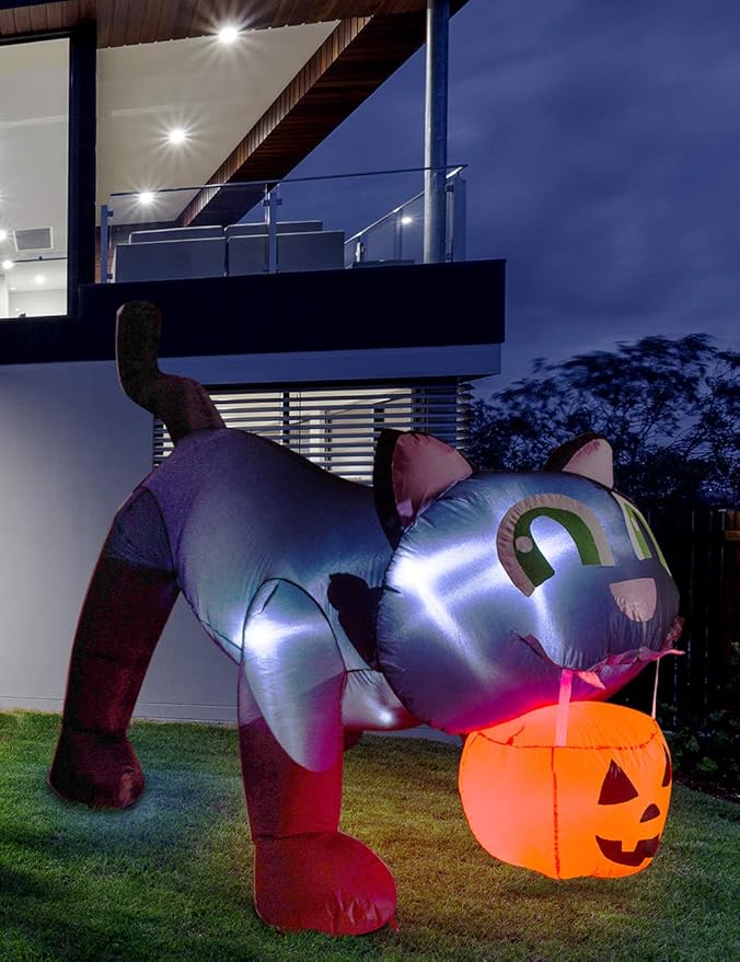 AJY 8 Feet Halloween Giant Black Cat with Pumpkin Inflatable LED Lights Decor Outdoor Indoor Holiday Decorations Blow up Lighted Yard Decor, Giant Lawn Inflatable Home Garden Party Favor Decoration