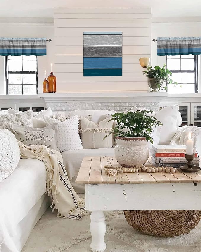 Farmhouse Kitchen Curtains Valances for Windows ,Blue Gray Ocean Hues Rod Pocket Country Window Treatment for Kitchen /Living Room/Bedroom/ Bathroom,42" X 18" -1 Panel, Retro Rustic Barn Wood Texture