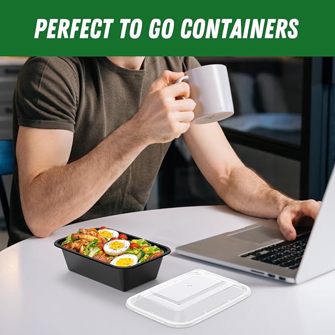 50 Pack (100-Piece) 24 oz Meal Prep Containers Reusable with Lids, Sturdy Leakproof & Food Safe, Microwave, Freezer, Dishwasher Safe Food Prep Containers, To Go Take Out Plastic Food Storage