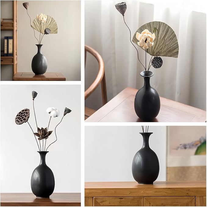 Black Ceramic Vase with Dried Flowers, Handmade in Jingdezhen, for Modern Home Decor Office Bookshelf Tables Living Room Bedroom Shelf Decor Entryway Dry Flower Arrangement Ornament