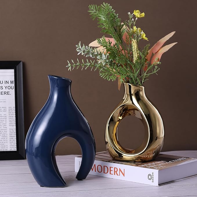 Ceramic Decorative Vase 2 Piece Set, Bohemian Style Openwork Blue and Gold Decorative Vase, Home Decor Aesthetics for Kitchen Cabinets, Office, Bedroom, Dresser, Entryway Table Decoration.