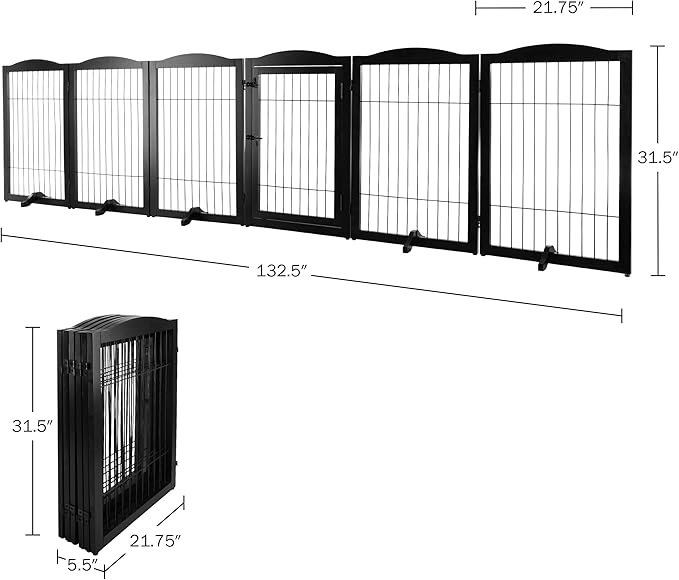 Pet Gate - 6-Panel Indoor Folding Dog Fence for Stairs or Doorways - 133x32-Inch Freestanding Play Pen with Support Feet by PETMAKER (Black)