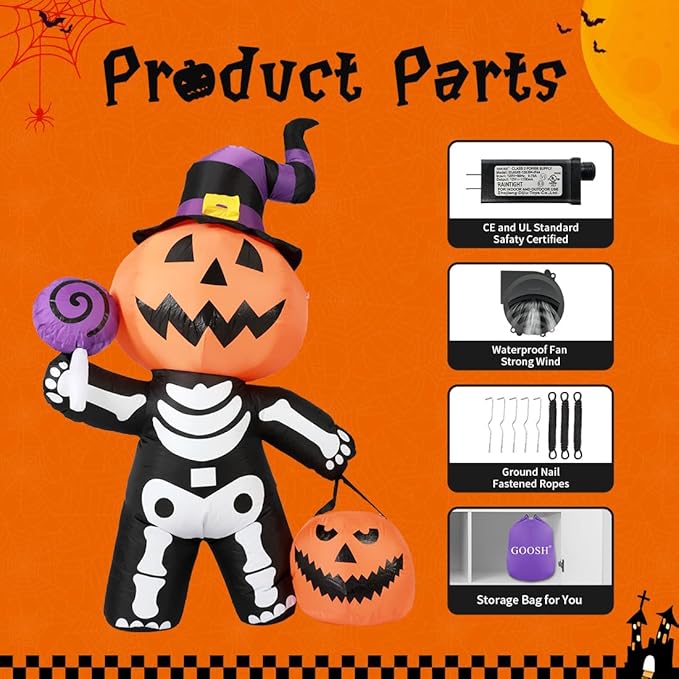 GOOSH 6 FT Halloween Inflatable Pumpkin Skull Body Outdoor Decorations Blow Up Yard Pumpkin with Built-in LEDs for Garden Lawn Party Decor