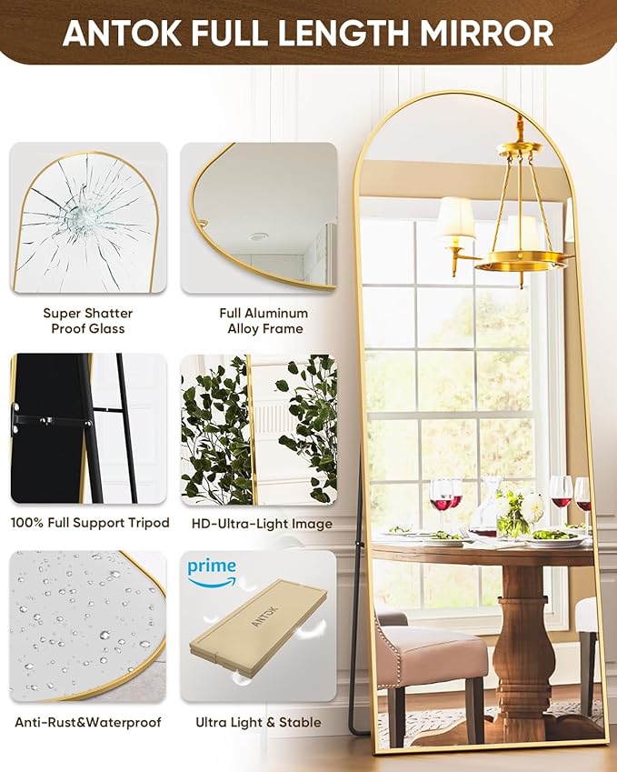 Antok Full Length Mirror, 65"x22" Floor Mirror Freestanding, Full Body Floor Standing Mirror with Stand for Bedroom, Hanging Mounted for Living Room Cloakroom, Gold
