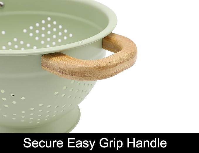 Metal Colander with Wood Handle | Set of 3 with Bamboo Handles | 1.5Q, 3Q, 5Q (Sage Leaf Green)
