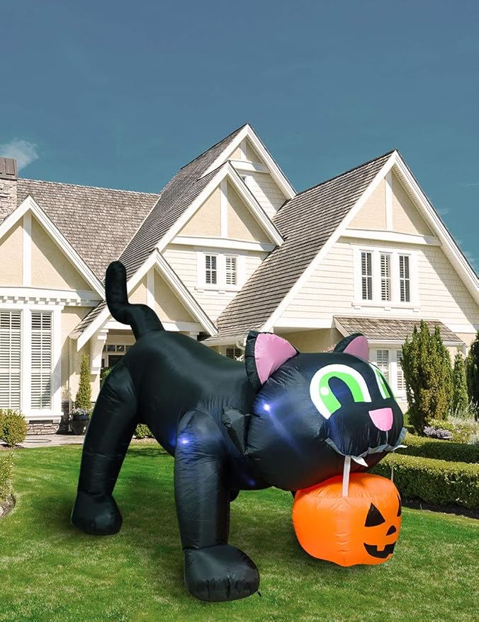 AJY 8 Feet Halloween Giant Black Cat with Pumpkin Inflatable LED Lights Decor Outdoor Indoor Holiday Decorations Blow up Lighted Yard Decor, Giant Lawn Inflatable Home Garden Party Favor Decoration