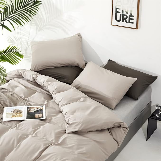 Wellboo Beige Khaki Comforters Full Size Boho Oatmeal Bedding Comforter Cotton Plain Beige Coffee Warm Blankets Women Men Modern Taupe Quilts Soft Durable Solid Tan Color Bed Set Lightweight