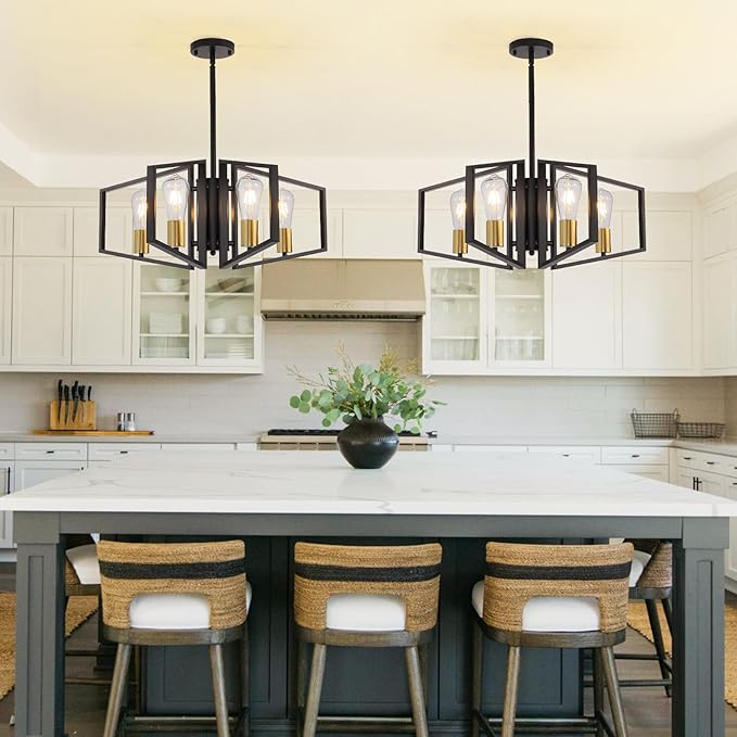 4-Light Black and Gold Chandelier, Lantern Geometric Ceiling Light Fixtures, Dining Room Light Fixtures Over Table, Modern Farmhouse Hanging Pendant Lights for Kitchen Island, Bedroom, Foyer, Entryway