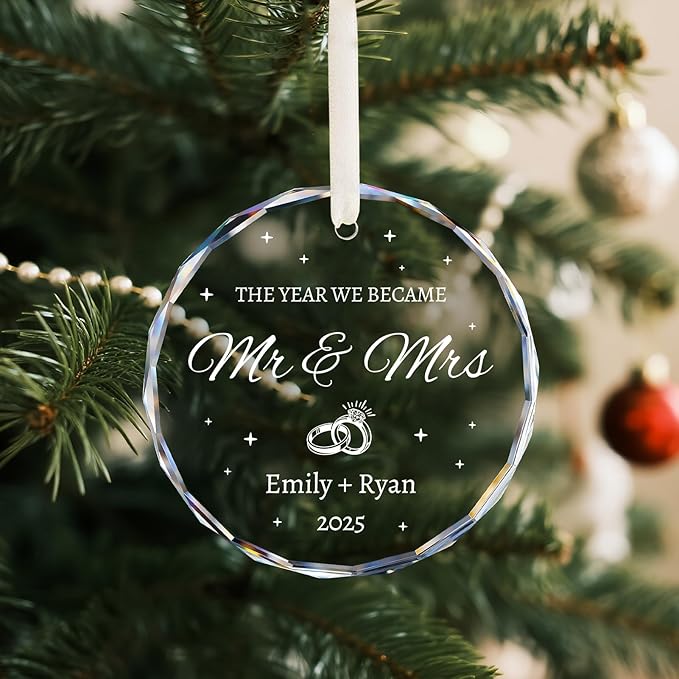 Wedding Gifts for Couples 2025 - Mr and Mrs Ornament 2025 - Bridal Shower Gifts for Bride, Newlywed, Future Mr & Mrs, Her - Just Married Crystal Glass Ornament